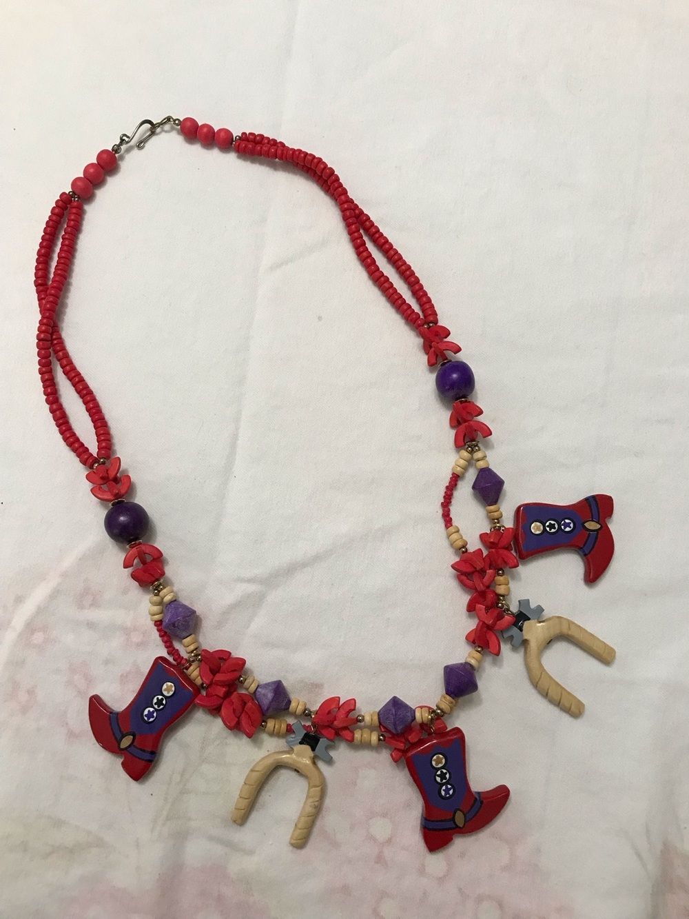 Bright Red & Purple Cowboy Western Wooden Boots Statement Necklace 25”